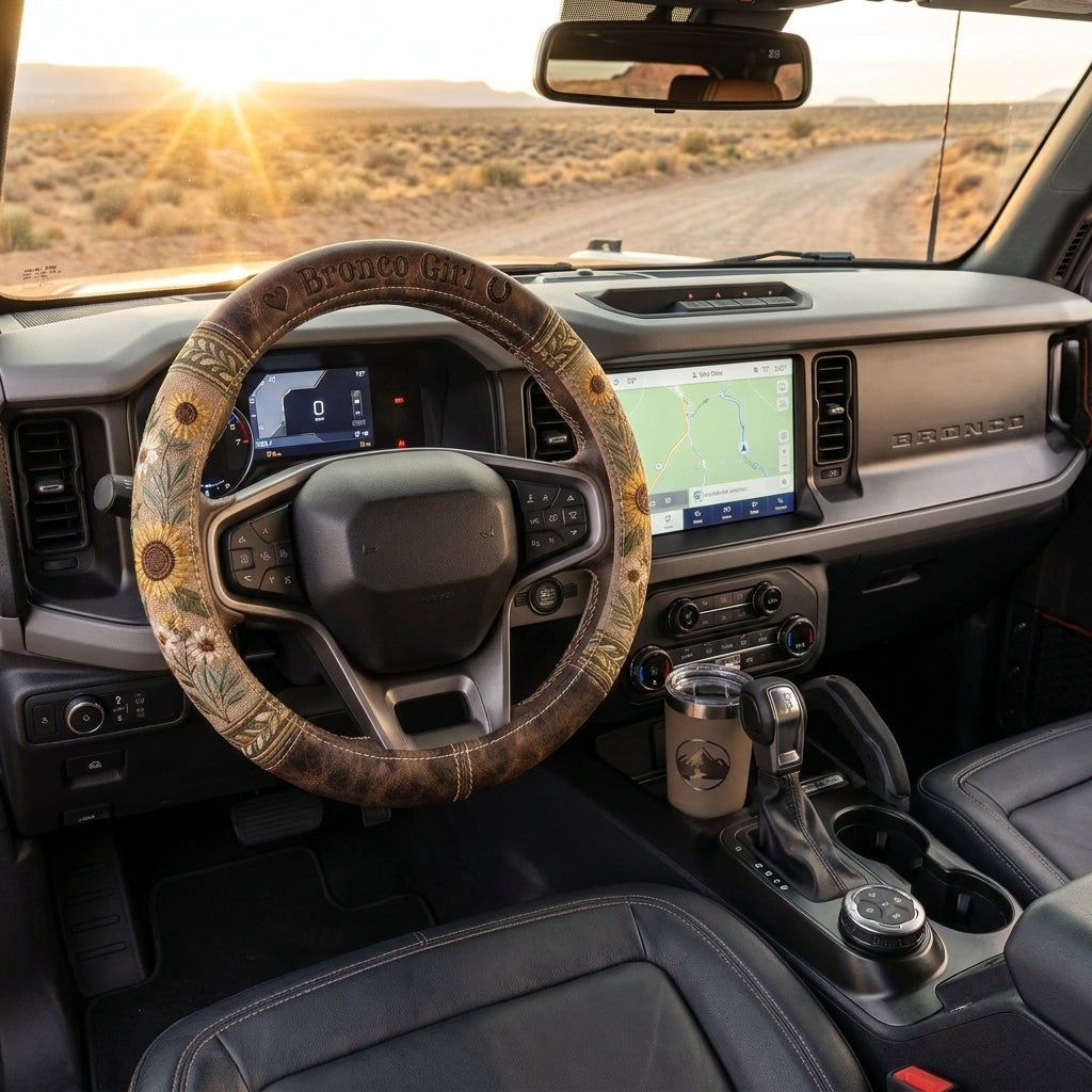 Bronco Girl Sunflower Steering Wheel Cover