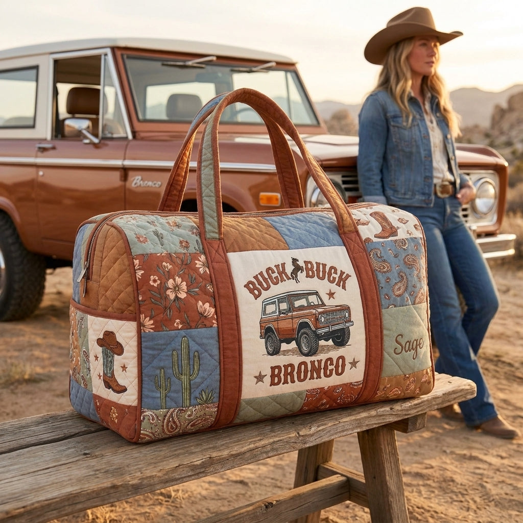 Buck Buck Bronco Quilted Duffle Bag, Personalized Western Cowboy Travel Bag, Horse & Bronco Weekender