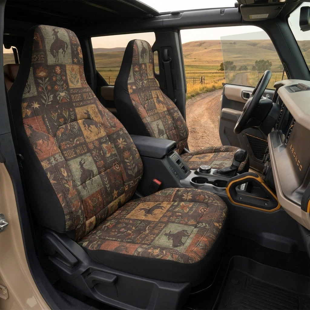 Western Bronco Car Seat Covers, Vintage Horse & Wildflower Print, Rustic 4x4 Interior Accessories