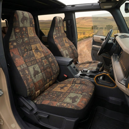 Western Bronco Car Seat Covers, Vintage Horse & Wildflower Print, Rustic 4x4 Interior Accessories