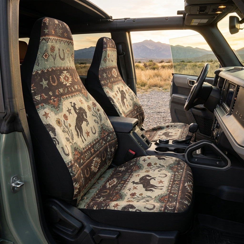 Cowboy Bronco Car Seat Covers, Horse & Wildflower Western Pattern, Seat Covers