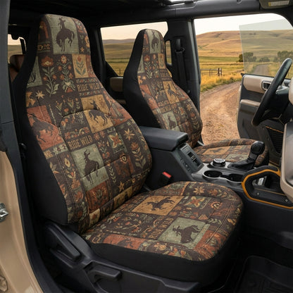 Western Bronco Car Seat Covers, Vintage Horse & Wildflower Print, Rustic 4x4 Interior Accessories