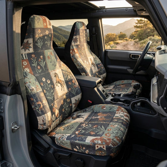 Bronco Car Seat Covers, Vintage Western Wildflower & Horse Print, 4x4 Interior Seat Covers