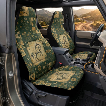 Boho Bronco Car Seat Covers, Western Horse & Wildflower Print, Rustic 4x4 Interior Accessories