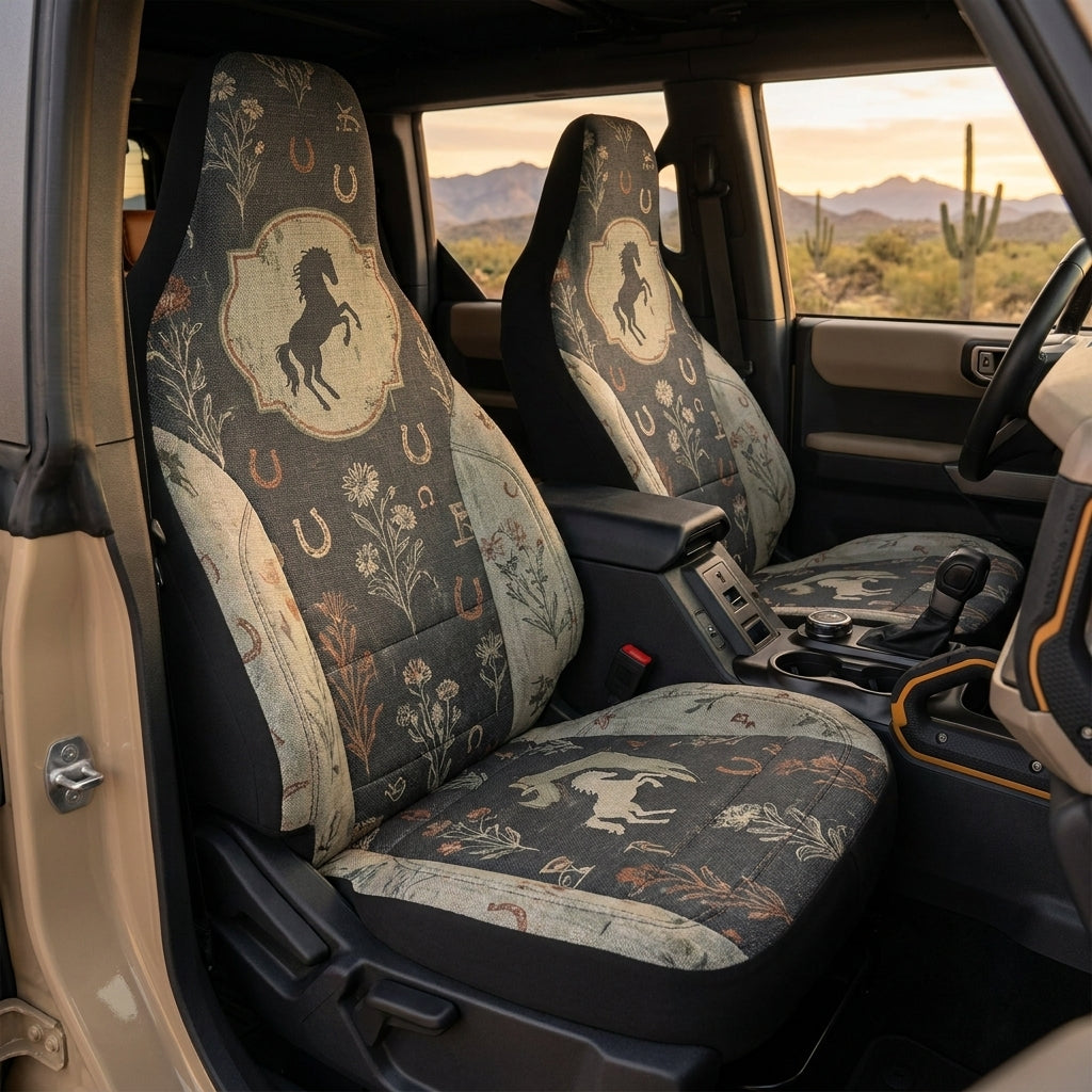 Western Bronco Car Seat Covers, Horse & Horseshoe Print, Rustic Cowboy 4x4 Interior