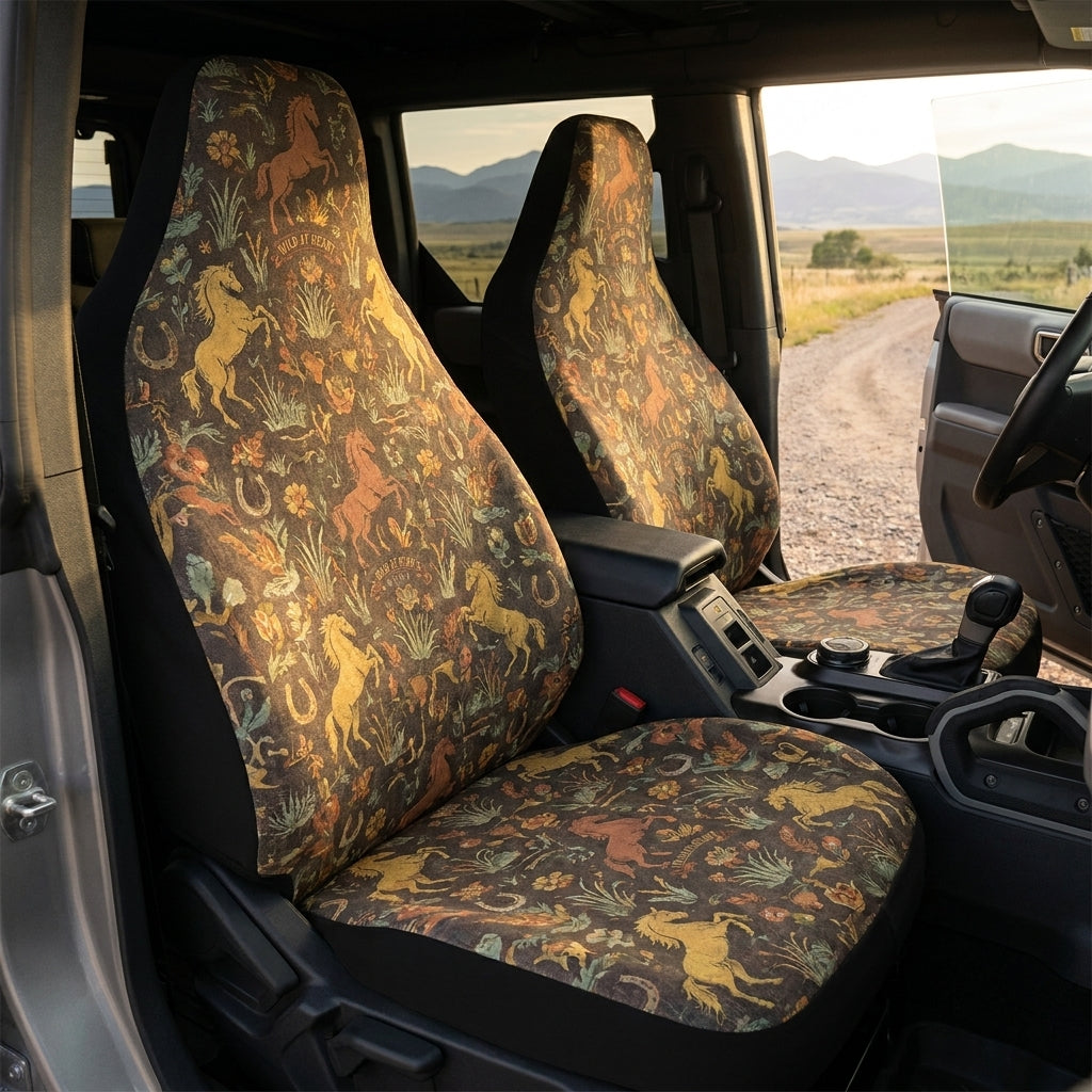Western Bronco Car Seat Covers, Horseshoe & Horse Print, Rustic Cowboy Interior Accessories
