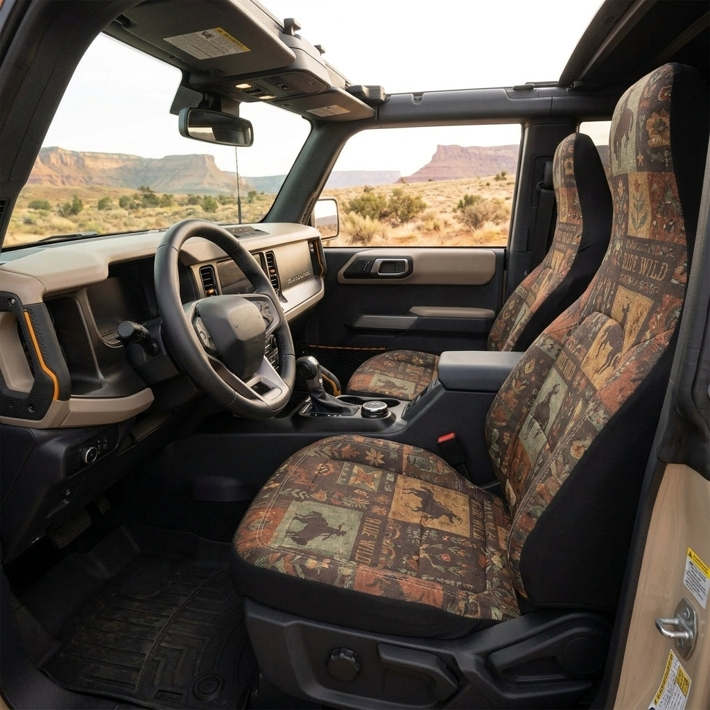 Western Bronco Car Seat Covers, Vintage Horse & Wildflower Print, Rustic 4x4 Interior Accessories
