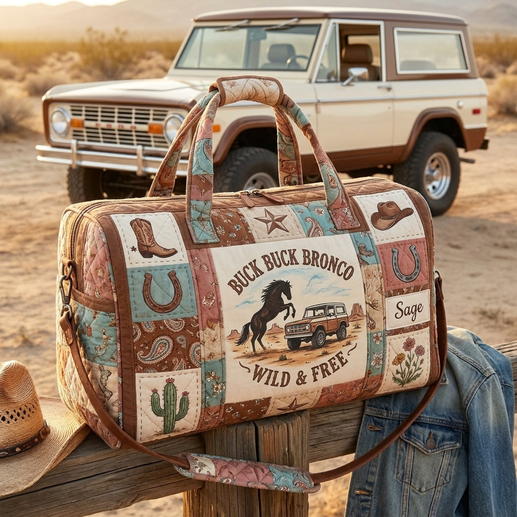 Buck Buck Bronco Quilted Duffle Bag, Wild & Free Western Horse Travel Bag, Cowboy Weekender Bag