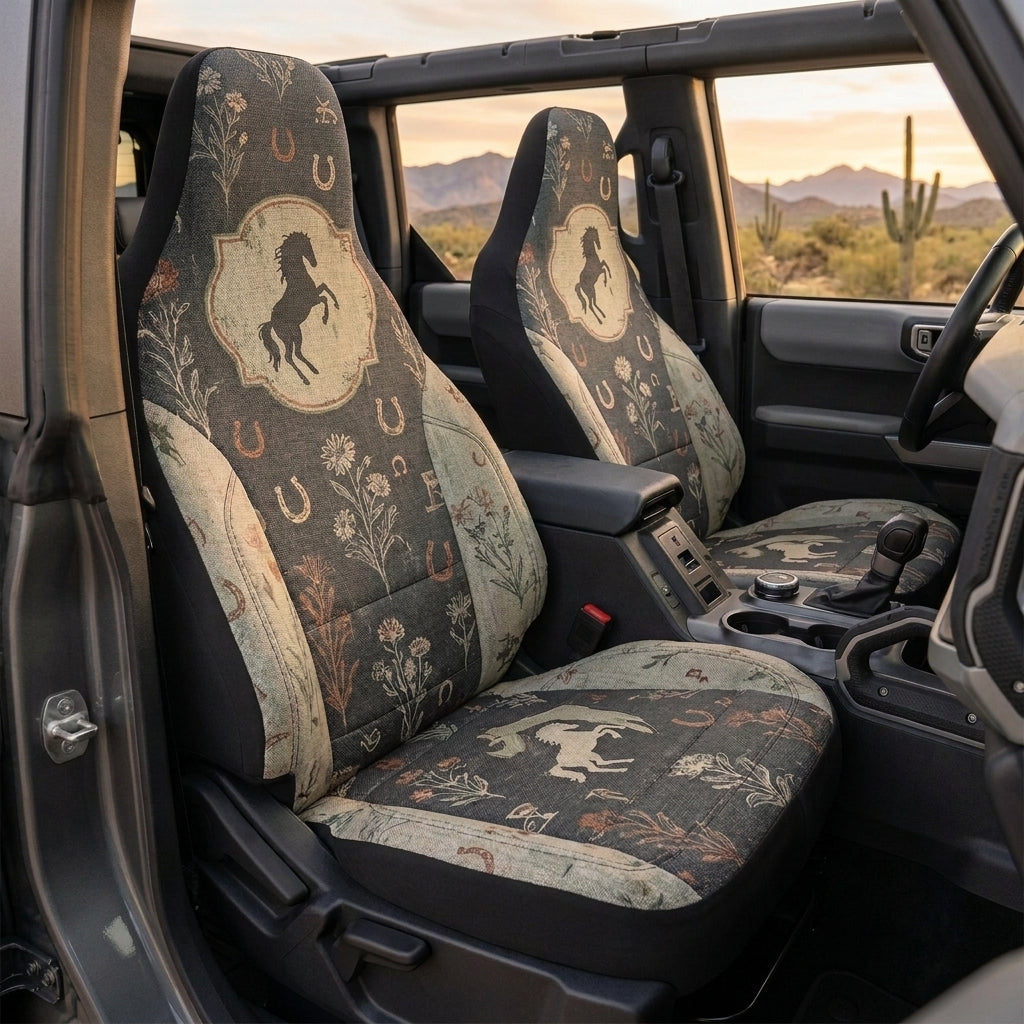 Western Bronco Car Seat Covers, Horse & Horseshoe Print, Rustic Cowboy 4x4 Interior
