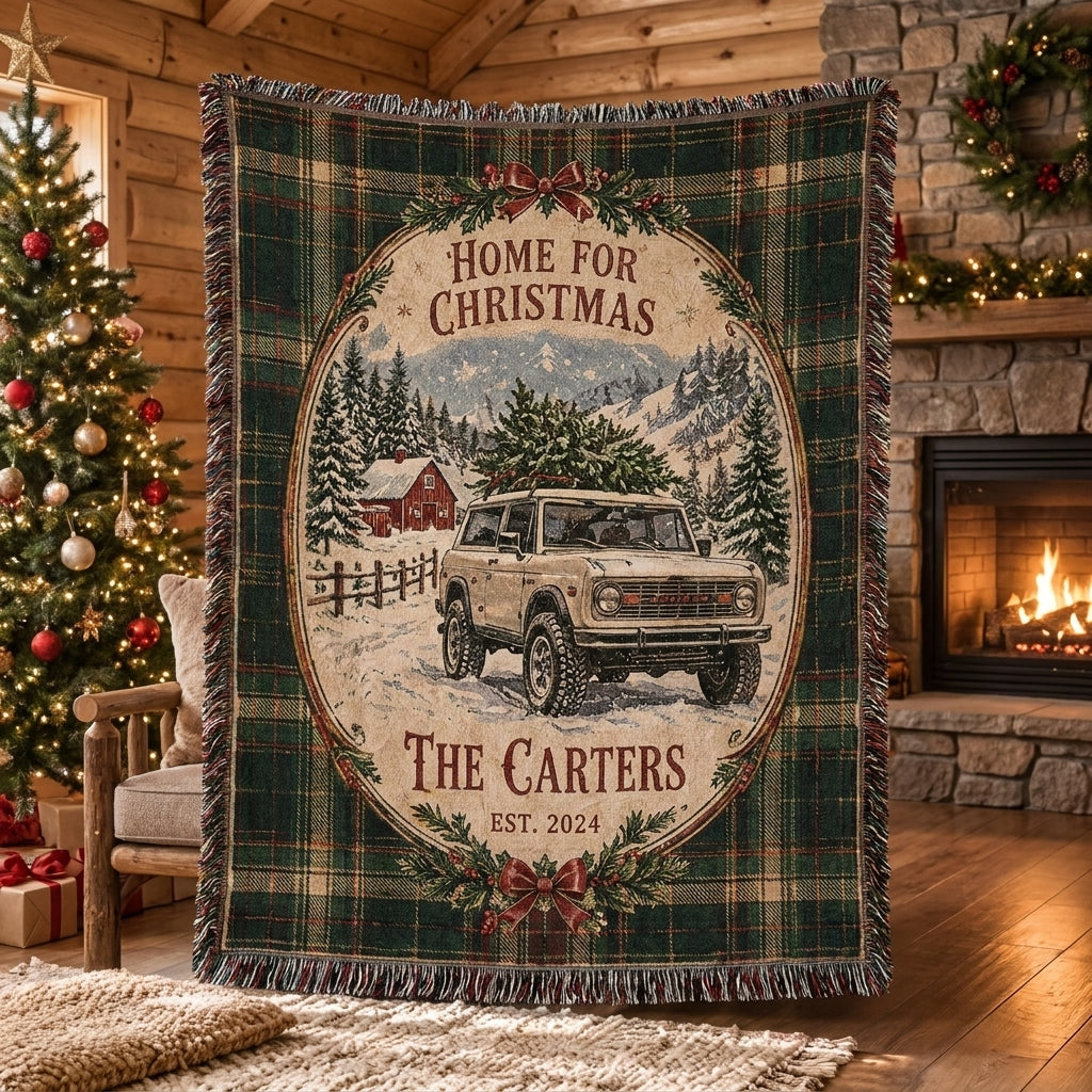 Home for Christmas Bronco Woven Blanket, Custom Family Name Buck Buck Bronco Blanket, Rustic Holiday Home Decor