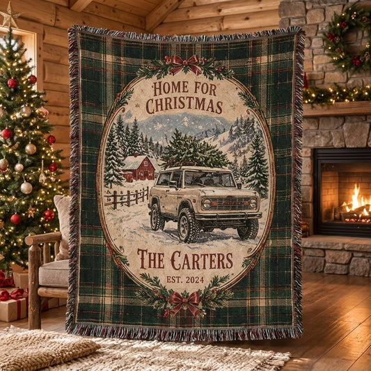 Home for Christmas Bronco Woven Blanket, Custom Family Name Buck Buck Bronco Blanket, Rustic Holiday Home Decor
