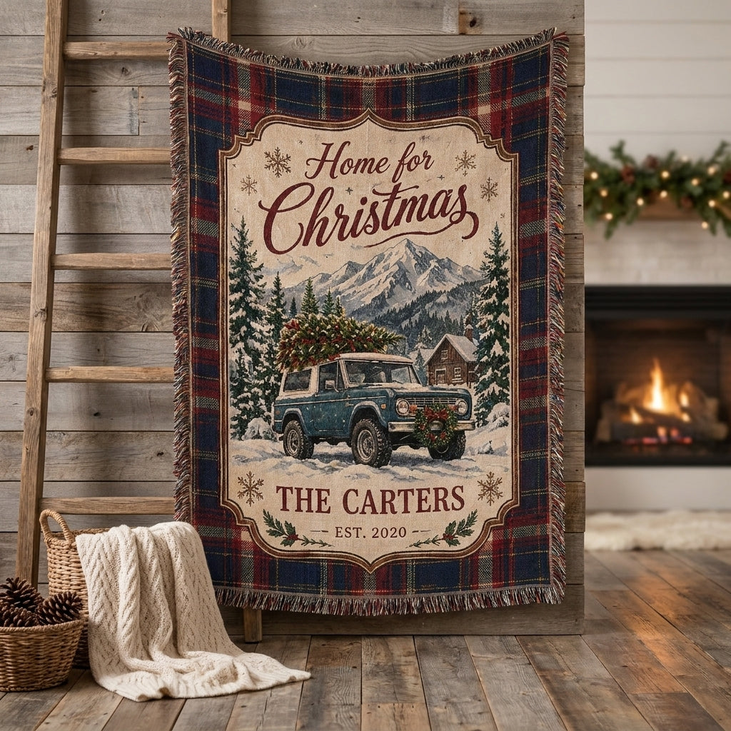 Custom Bronco Christmas Woven Throw Blanket, Personalized Family Name & Year, Rustic Western Holiday Home Decor