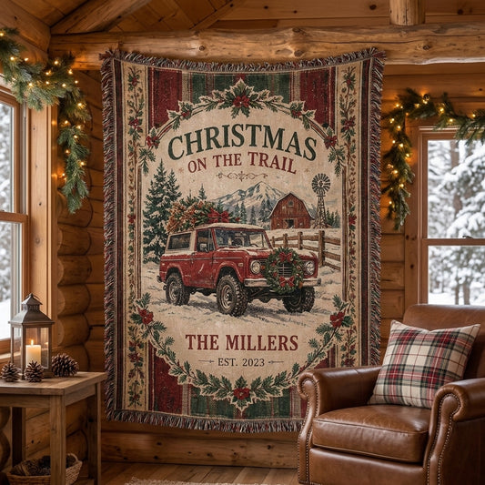 Personalized Bronco Christmas Blanket, Custom Family Name Woven Throw, Vintage 4x4 Western Holiday Decor