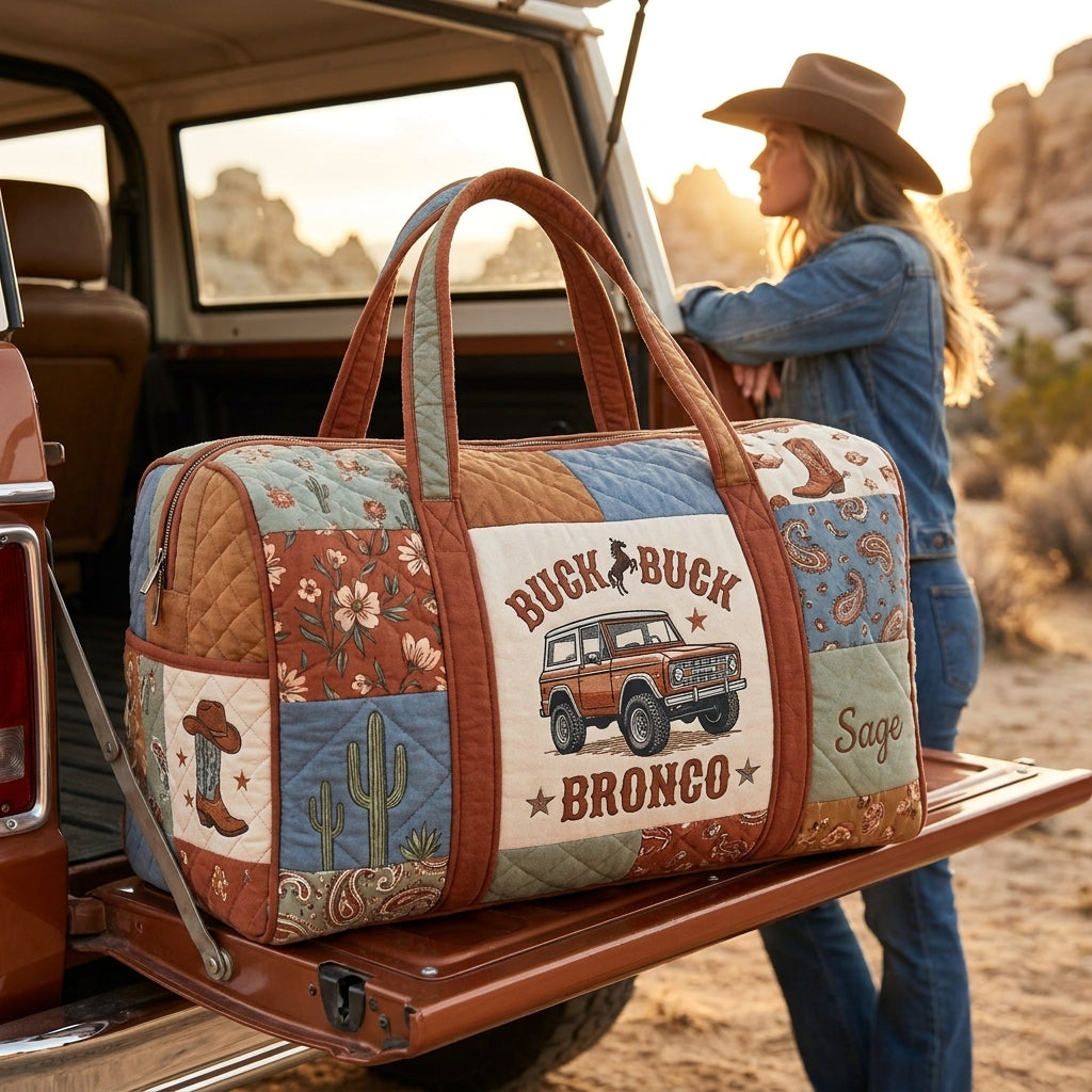 Buck Buck Bronco Quilted Duffle Bag, Personalized Western Cowboy Travel Bag, Horse & Bronco Weekender