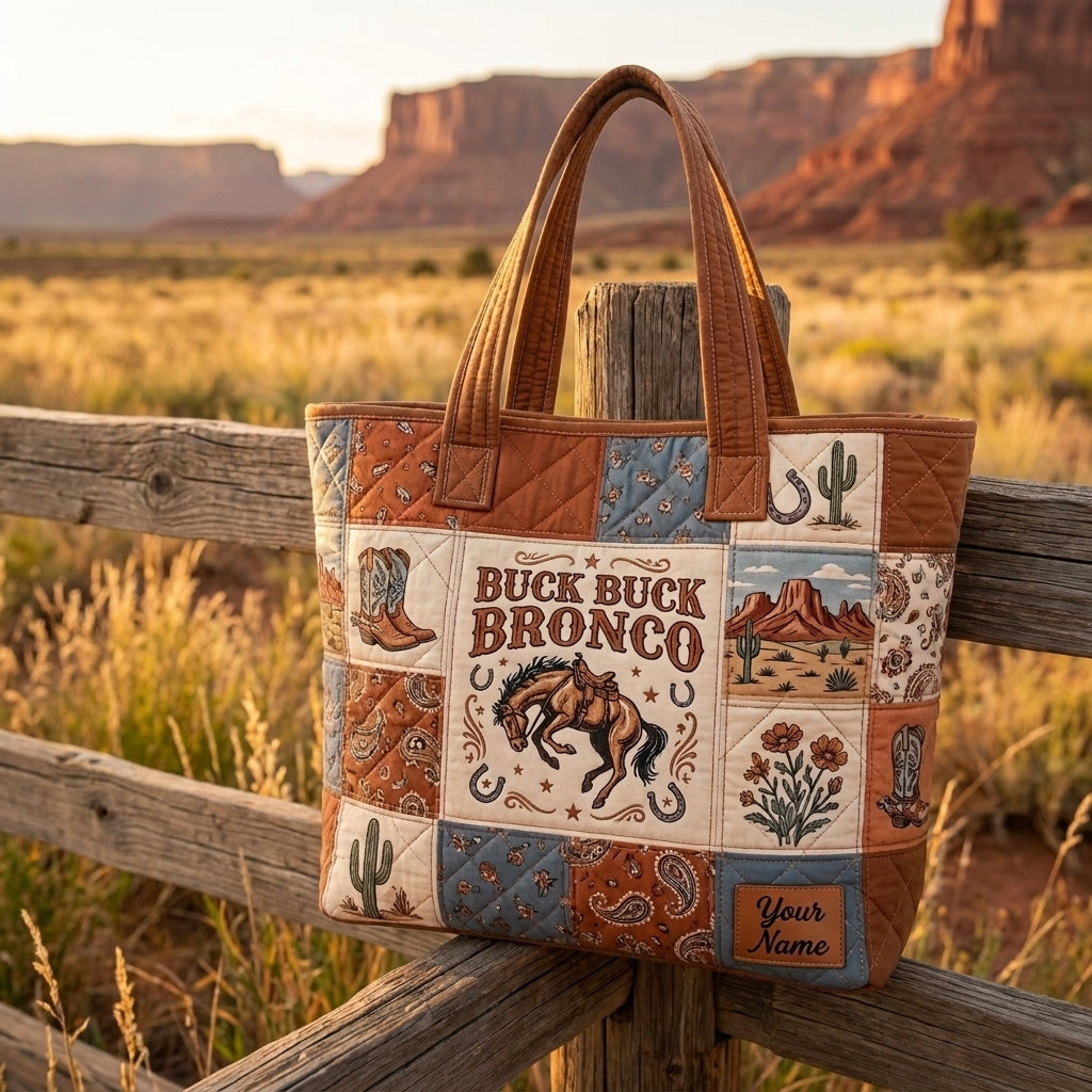 Personalized Buck Buck Bronco Quilted Tote Bag, Western Cowboy Horse Patchwork Bag, Rustic Ranch Carryall