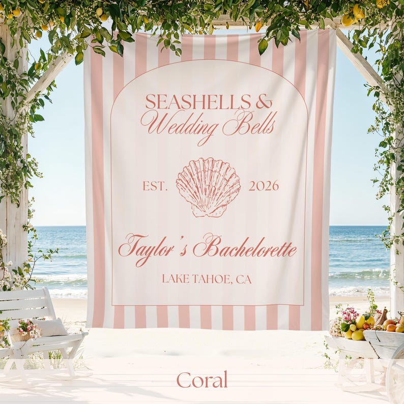 Seashells and Wedding Bells Bachelorette Wall Tapestry Banner Personalized Coast Backdrop Bridal Shower Custom Decor Keepsake Bach Hen Party