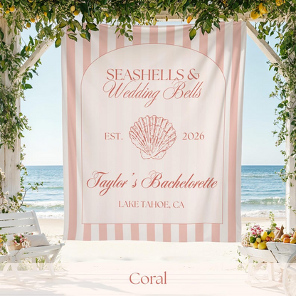 Seashells and Wedding Bells Bachelorette Wall Tapestry Banner Personalized Coast Backdrop Bridal Shower Custom Decor Keepsake Bach Hen Party