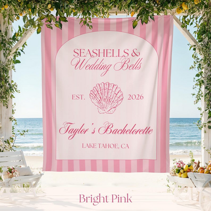 Seashells and Wedding Bells Bachelorette Wall Tapestry Banner Personalized Coast Backdrop Bridal Shower Custom Decor Keepsake Bach Hen Party