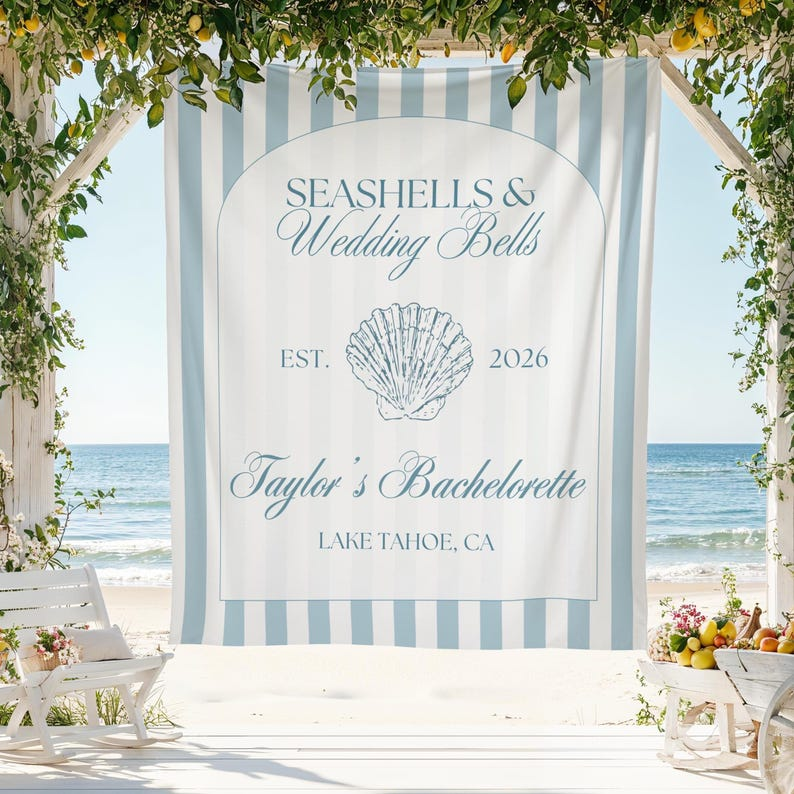 Seashells and Wedding Bells Bachelorette Wall Tapestry Banner Personalized Coast Backdrop Bridal Shower Custom Decor Keepsake Bach Hen Party
