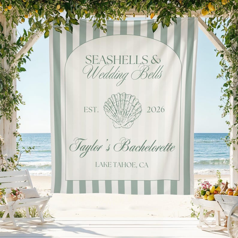 Seashells and Wedding Bells Bachelorette Wall Tapestry Banner Personalized Coast Backdrop Bridal Shower Custom Decor Keepsake Bach Hen Party