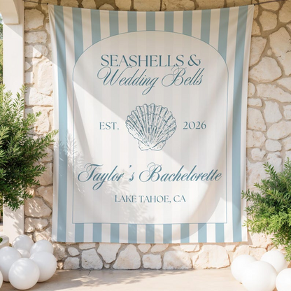 Seashells and Wedding Bells Bachelorette Wall Tapestry Banner Personalized Coast Backdrop Bridal Shower Custom Decor Keepsake Bach Hen Party