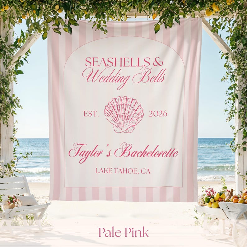 Seashells and Wedding Bells Bachelorette Wall Tapestry Banner Personalized Coast Backdrop Bridal Shower Custom Decor Keepsake Bach Hen Party