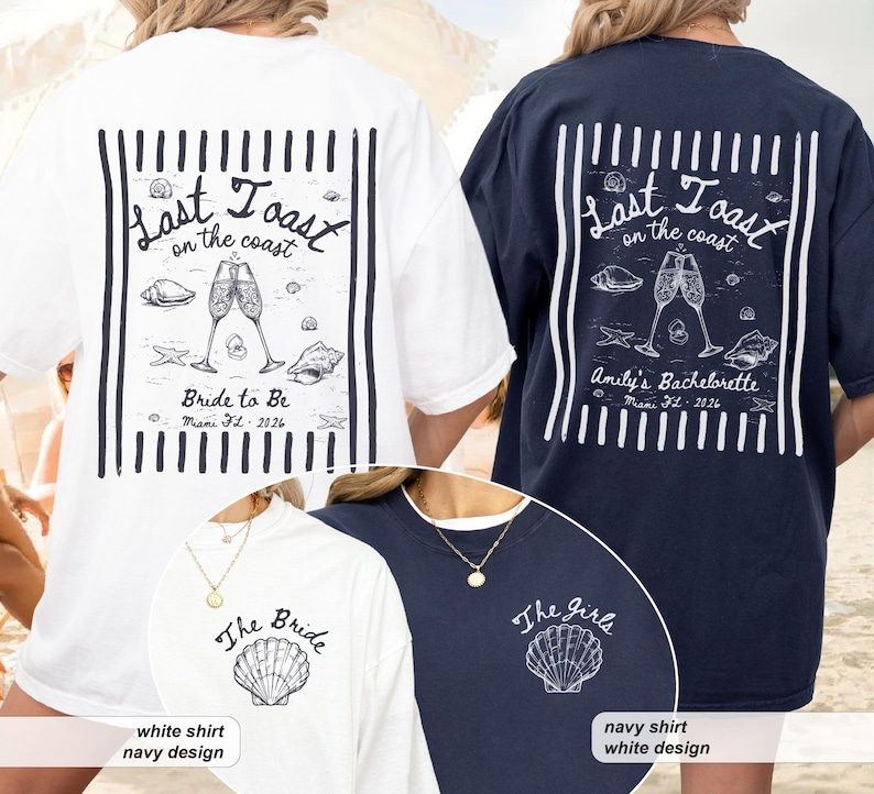 Last Toast on the Coast Bachelorette Shirts, Custom Comfort Colors Beach Bach Tee, Seashell Cocktail Coastal Bridal Party Gift