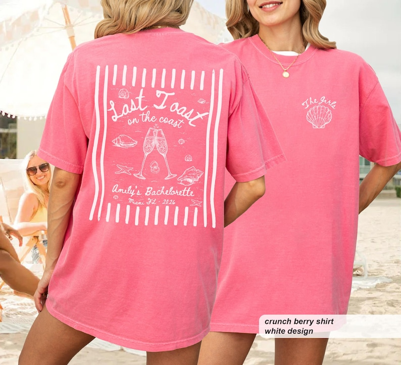 Last Toast on the Coast Bachelorette Shirts, Custom Comfort Colors Beach Bach Tee, Seashell Cocktail Coastal Bridal Party Gift