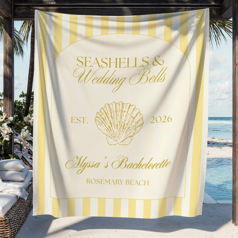 Seashells and Wedding Bells Bachelorette Wall Tapestry Banner Personalized Coast Backdrop Bridal Shower Custom Decor Keepsake Bach Hen Party