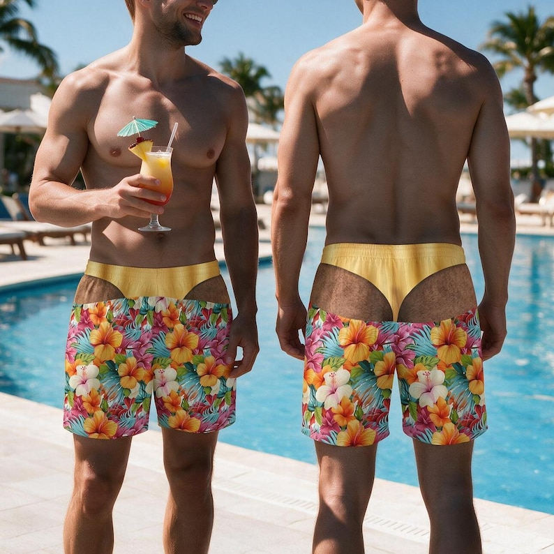 Funny Men's Beach Shorts, Custom Fake Underwear Swim Trunks, Bachelor Party/Birthday Gag Gift for Him