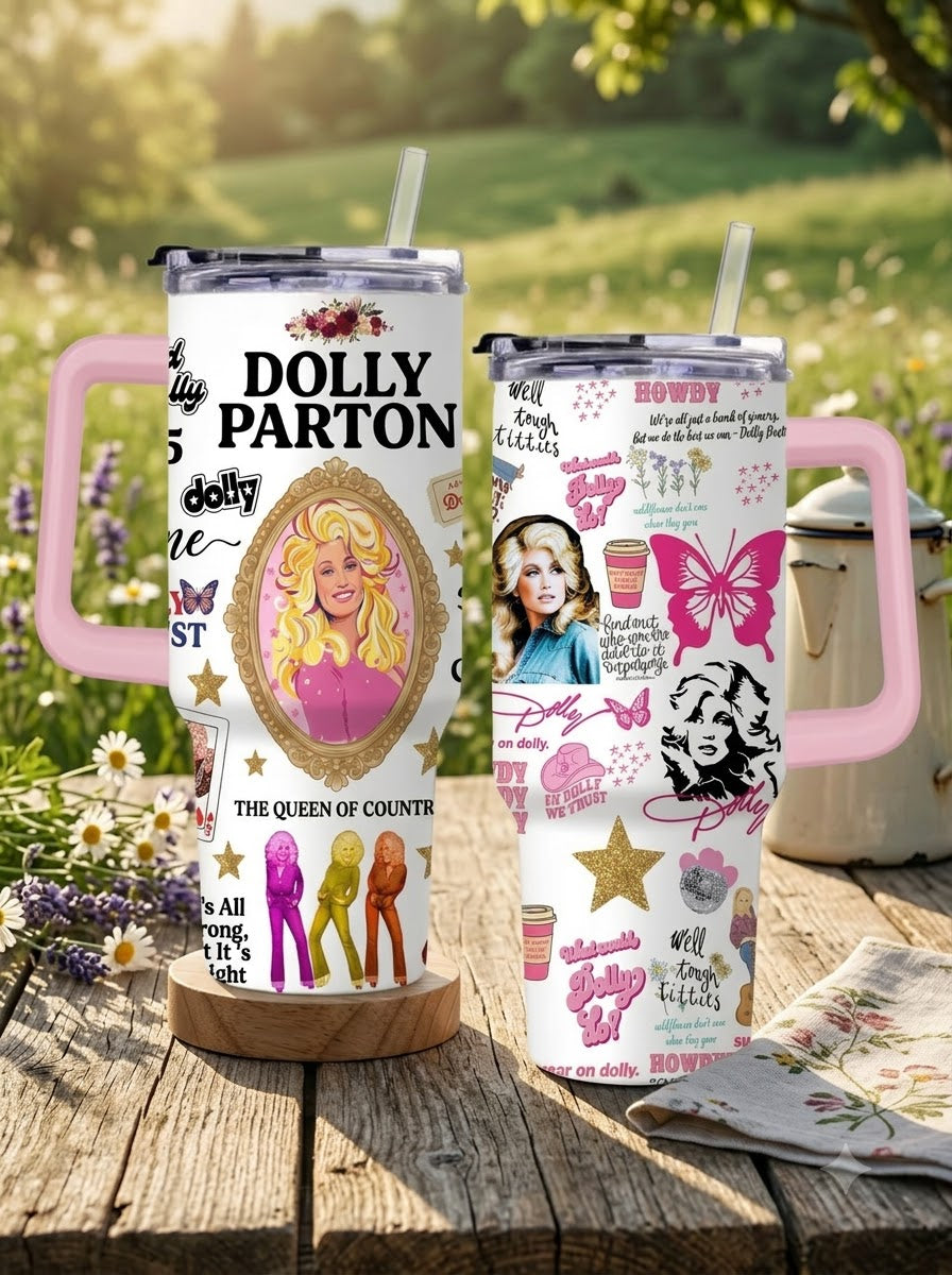 Dolly Parton Queen of Country Retro Tumbler with Handle & Straw