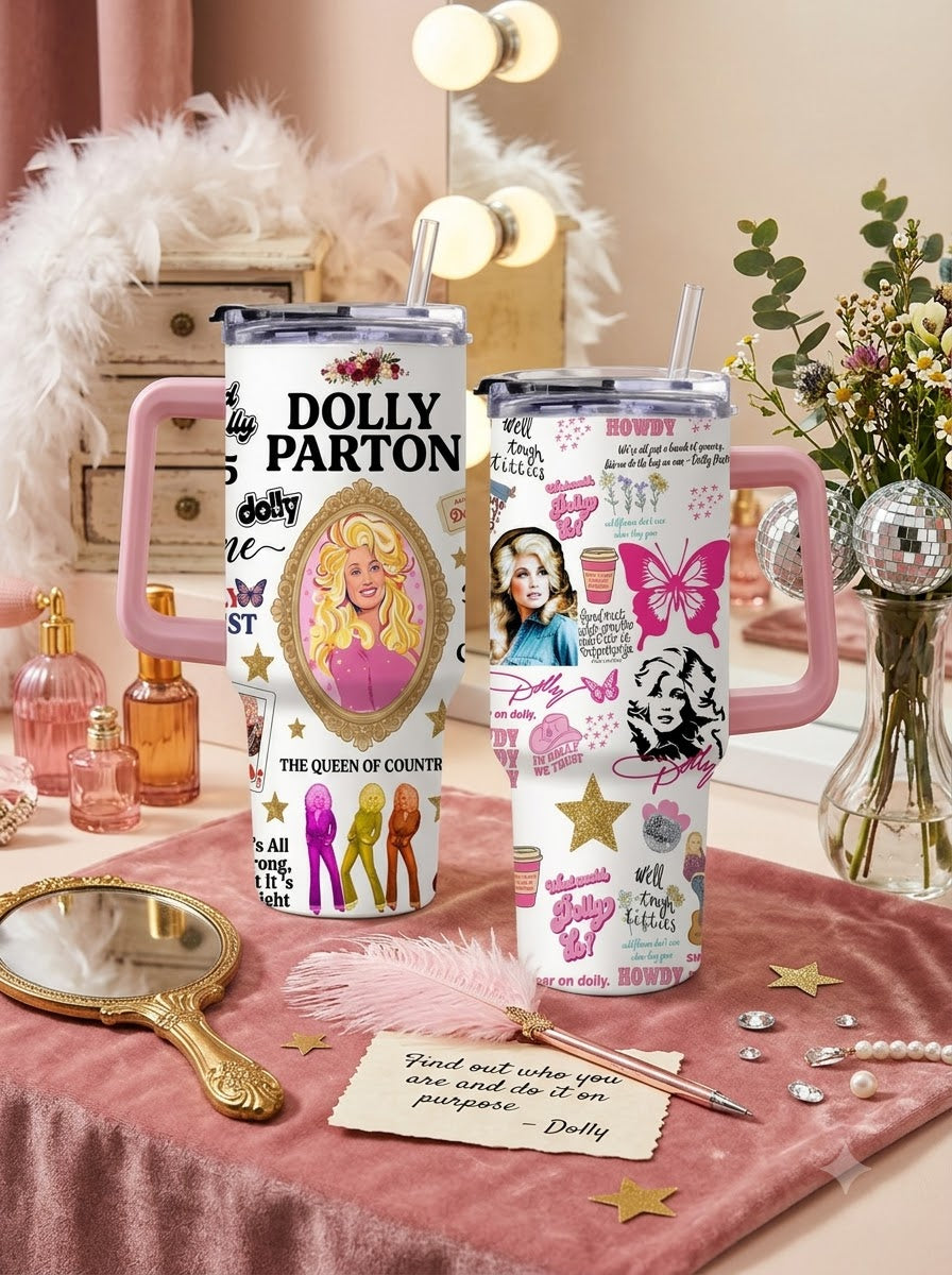 Dolly Parton Queen of Country Retro Tumbler with Handle & Straw